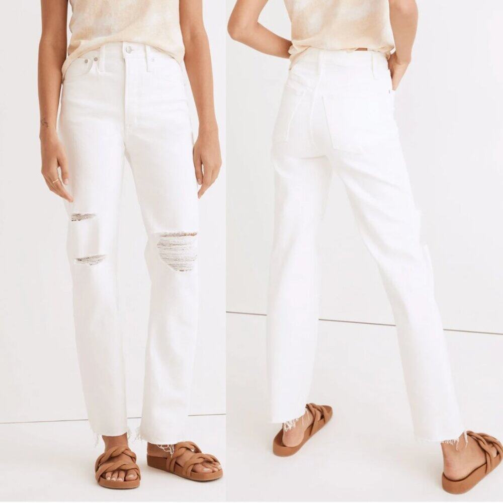 Madewell The Perfect Vintage Straight Jean in Tile White: Ripped-Knee Edition